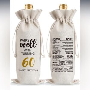 Pairs Well with Turning 60 burlap wine bag NEW